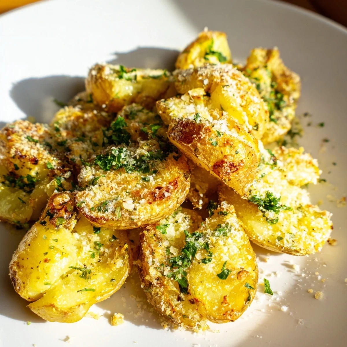 Golden-brown Garlic Parmesan Potatoes, ultra-crispy and ready to enjoy as a flavorful side.
