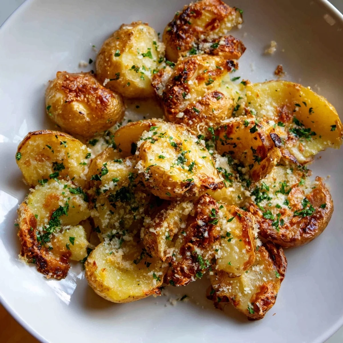 Crispy Garlic Parmesan Potatoes, served warm, promising delightful textures and savory, delicious flavor.