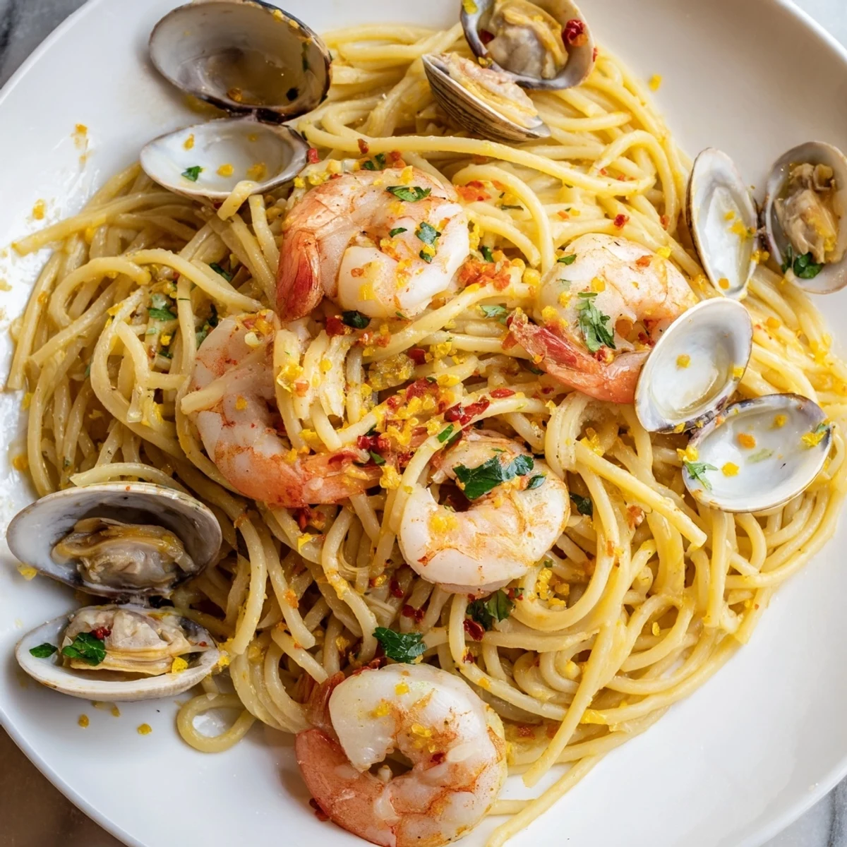 Lemony Seafood Pasta Aglio e Olio with shrimp and clams glistens in garlic-infused olive oil.