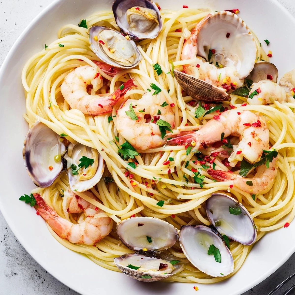 A steaming bowl of Seafood Pasta Aglio e Olio with parsley garnish, ready for a delicious Italian meal.