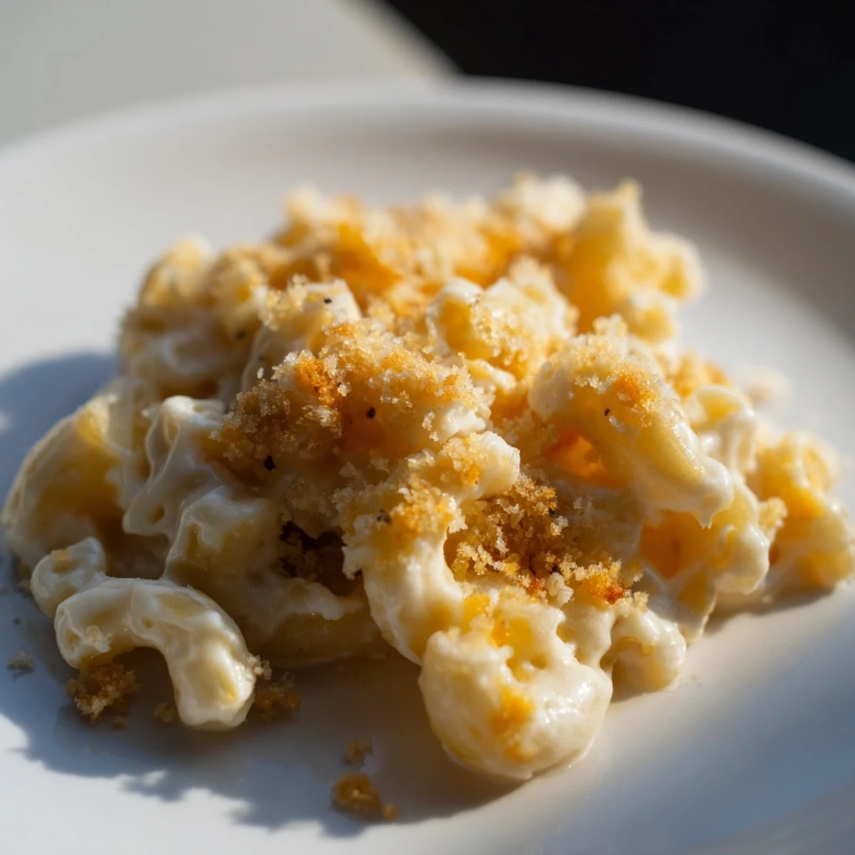 Steaming, golden baked mac and cheese, with a bubbly cheese crust topping this family favorite dish.