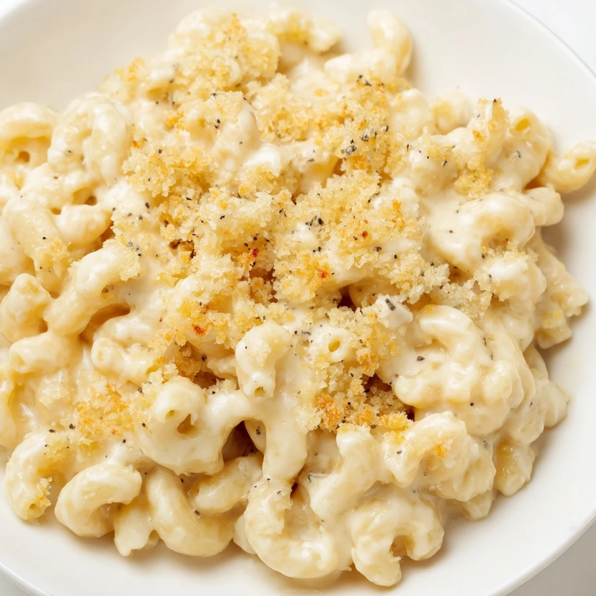 A close-up of creamy mac and cheese, showcasing the melted cheese and perfectly cooked macaroni.