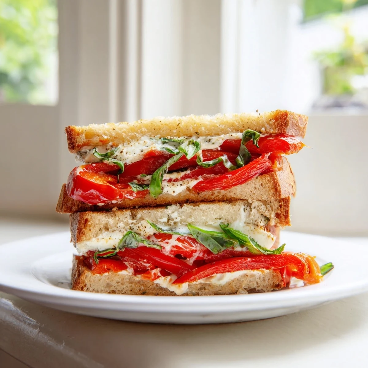 A close-up of a perfectly grilled Roasted Red Pepper Grilled Cheese, with bubbling cheese and toasted bread.