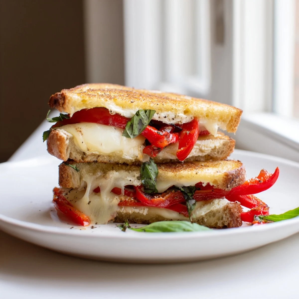 Golden, crispy Roasted Red Pepper Grilled Cheese, oozing with melted goat cheese and sweet peppers, ready to eat.