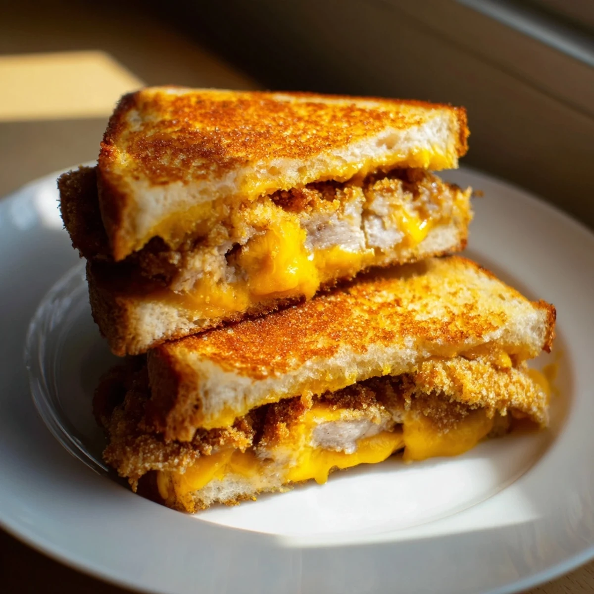 Melted cheddar oozes around crispy panko-crusted pork chop slices in this Crispy Panko Pork Chop Grilled Cheese.