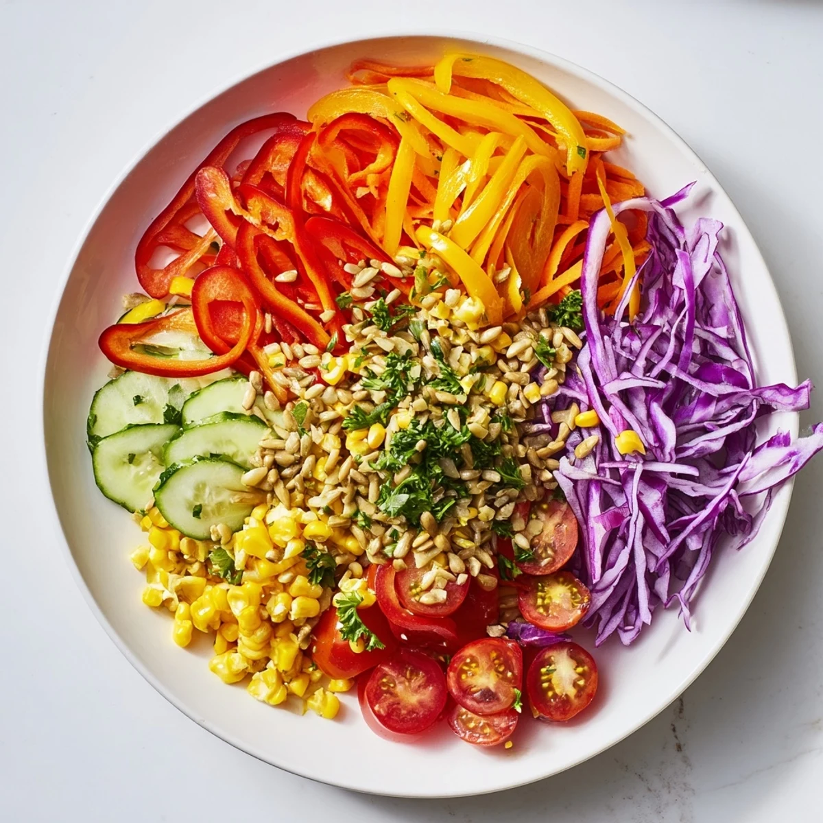 A colorful Rainbow Salad with vibrant vegetables drizzled in a creamy tahini dressing, delicious.