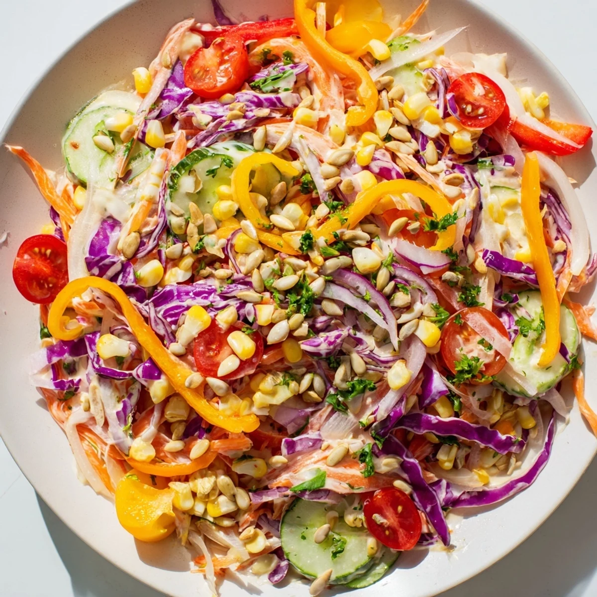 Beautifully arranged Rainbow Salad, featuring a rainbow of ingredients perfect for you today.