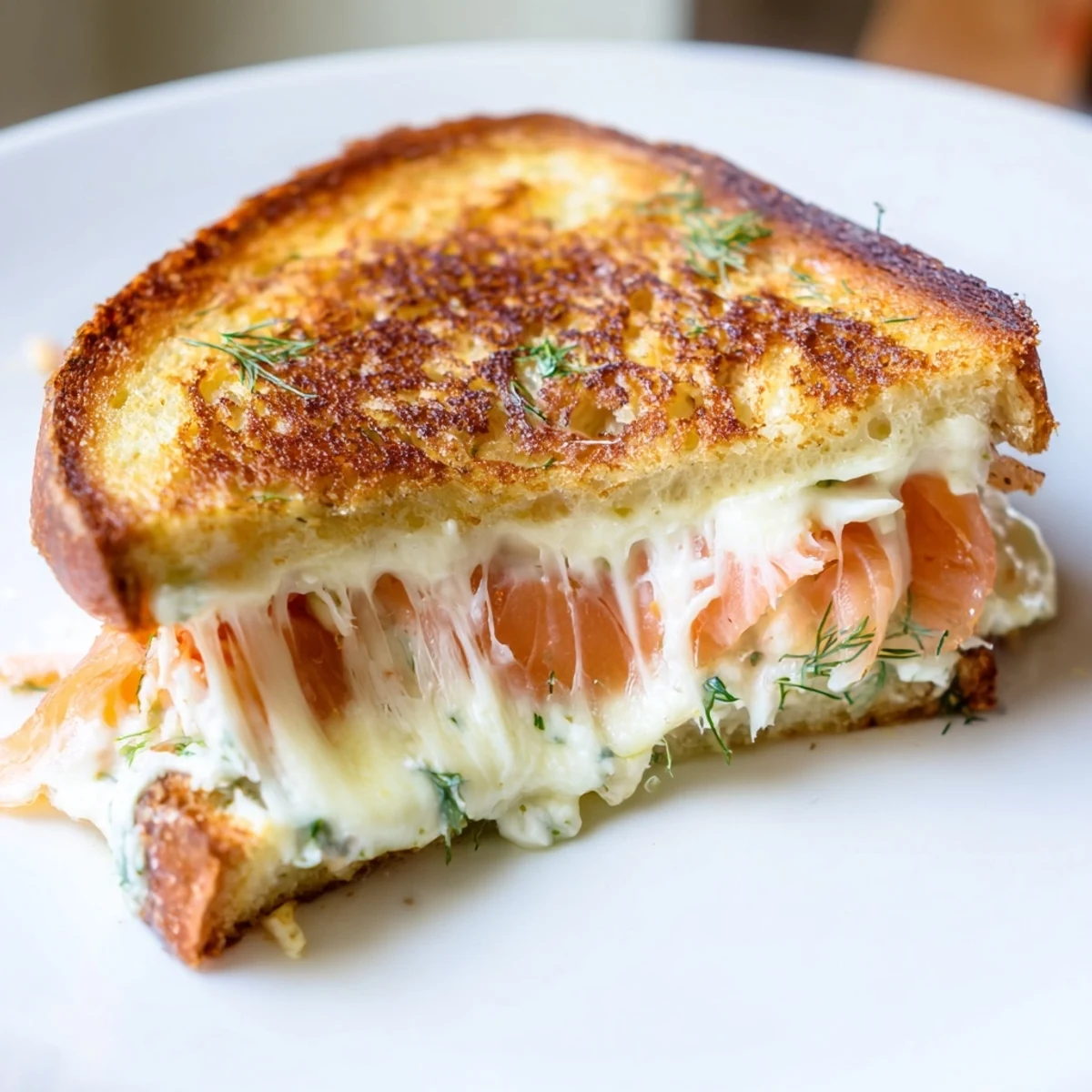 Golden, melty Smoked Salmon Grilled Cheese with flaky salmon and crisp, toasted bread.