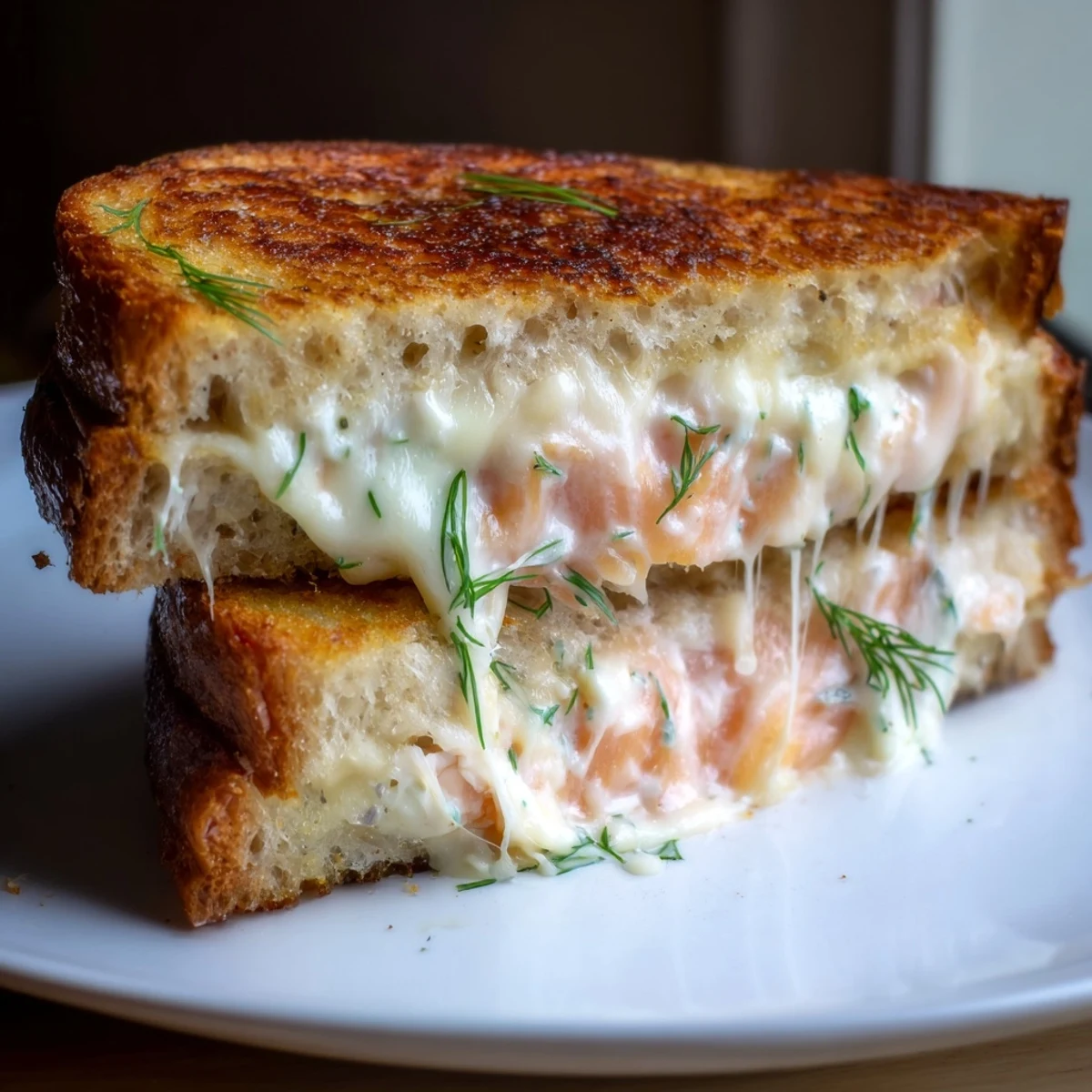 Warm and gooey Smoked Salmon Grilled Cheese sandwich, a gourmet delight with fresh dill and flavorful cheese.