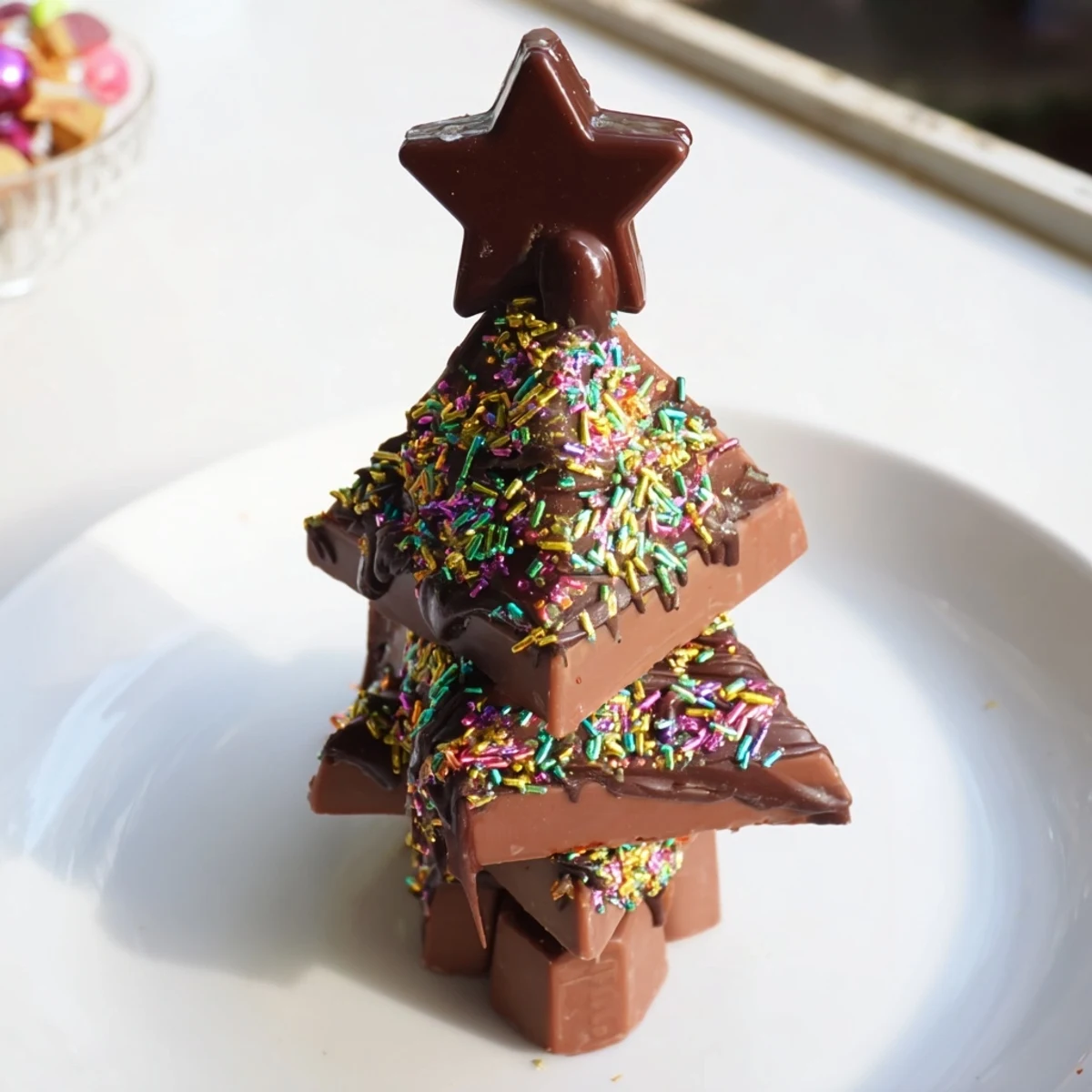 Chocolate Kinder Christmas Trees, a delightful layered dessert drizzled with melted dark chocolate and sparkling sprinkles.