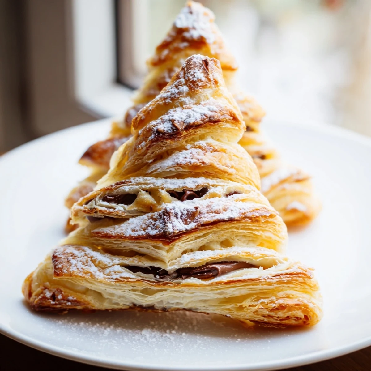 Festive Nutella Pastry Christmas Trees, crispy and flaky, drizzled with powdered sugar for Christmas celebrations.