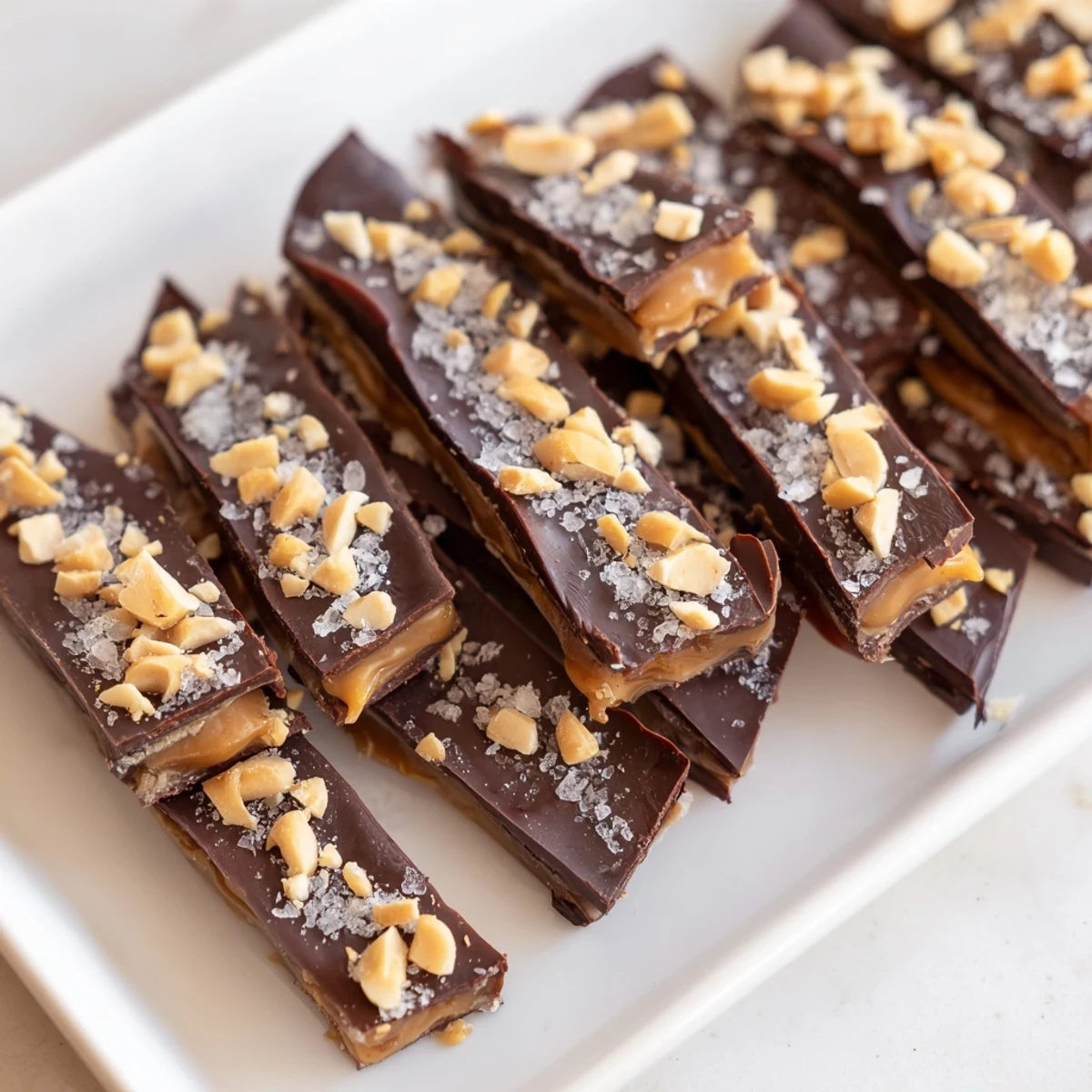 Date Bark Snickers-Style image: Close up of layered date dessert, rich peanut butter, chocolate topping.