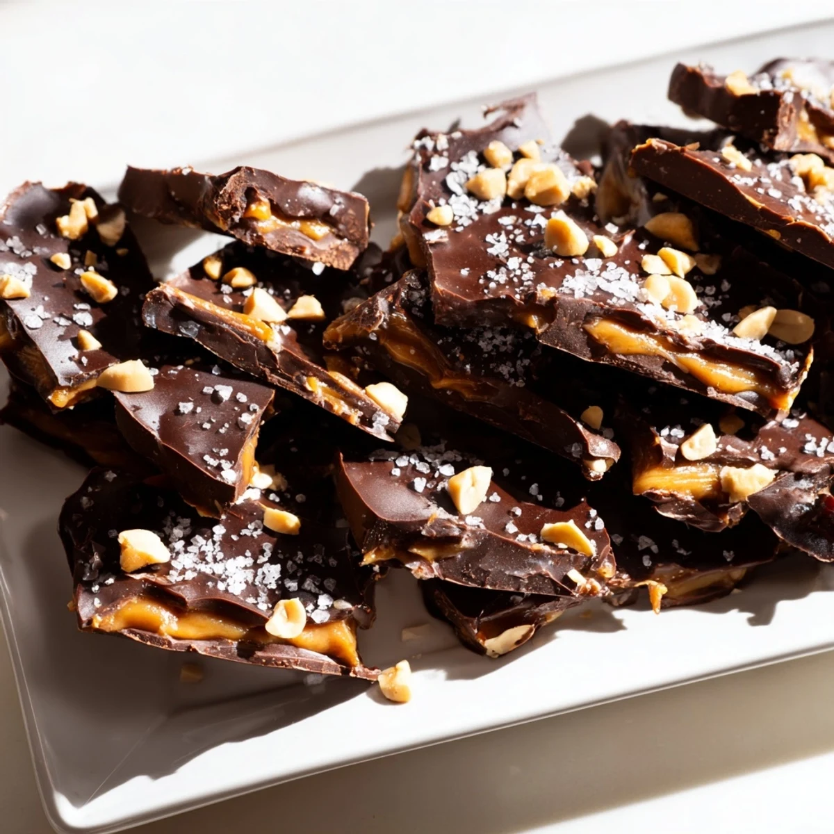 Indulgent Date Bark Snickers-Style recipe, a no-bake treat with a beautiful chocolate bark finish.