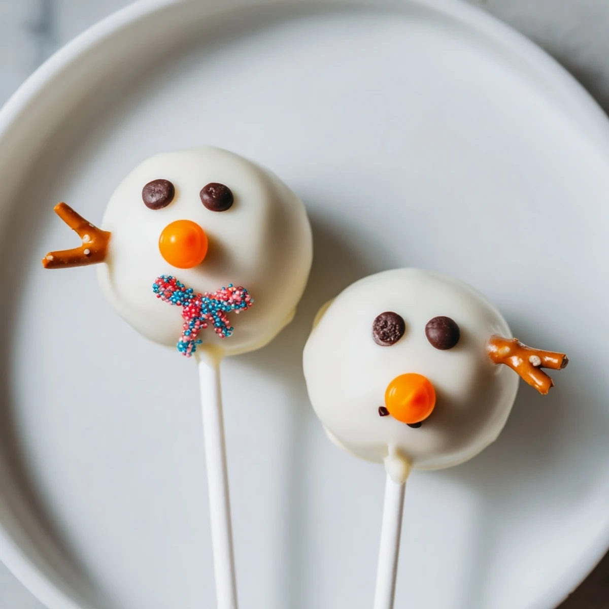 Oreo Snowman Cake Pops, coated in white chocolate, ready for a winter holiday party.