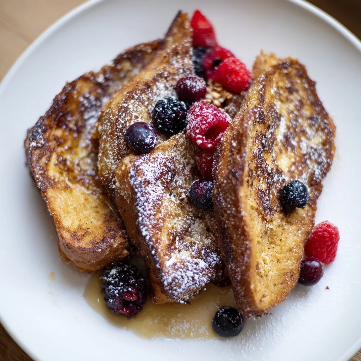 Golden, caramelized Ice Cream French Toast, ready to be drizzled with maple syrup.
