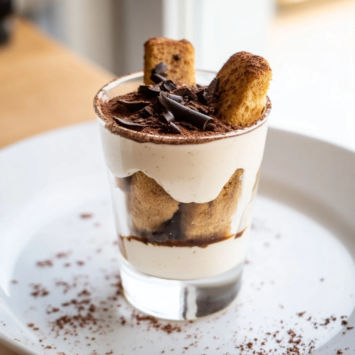Deconstructed Tiramisu Shots ready to serve in elegant shot glasses, dusted with cocoa and chocolate.
