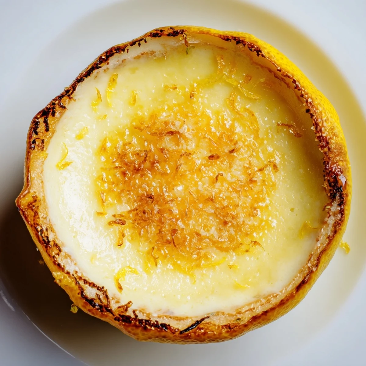 Lemon Brûlée Posset in lemon shells with a crackly caramelized sugar crust, a perfect dessert.