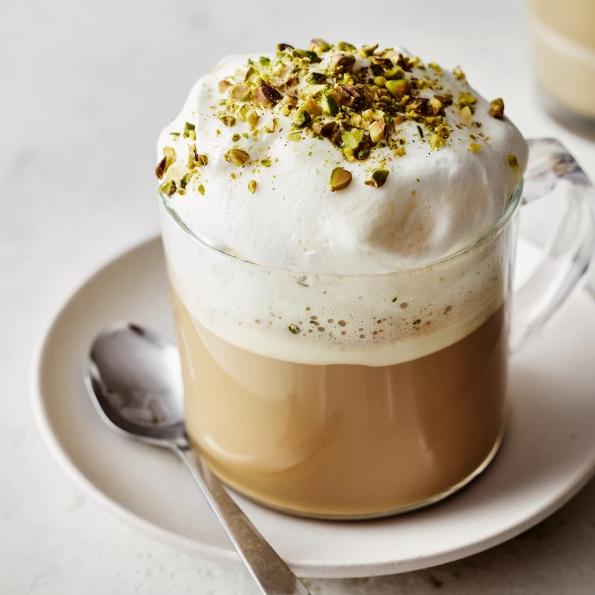 A luxurious Pistachio Latte displays rich, creamy layers in a glass, ready for a delightful sip.