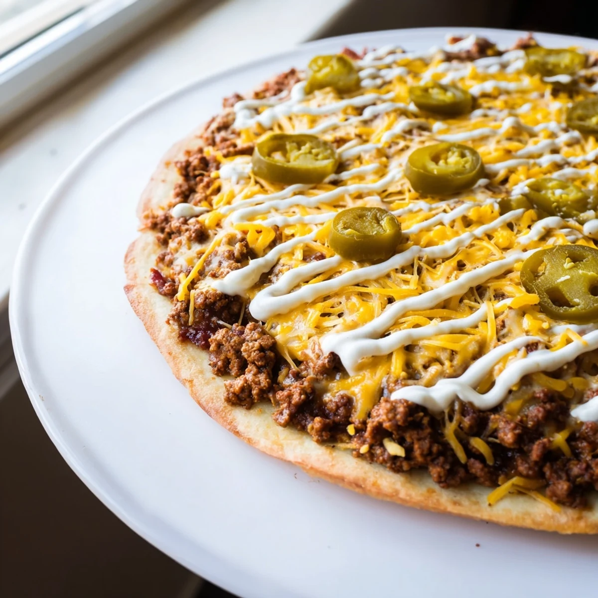 A sizzling Ground Beef Taco Pizza with melted cheese, spicy jalapeños, and flavorful taco meat.