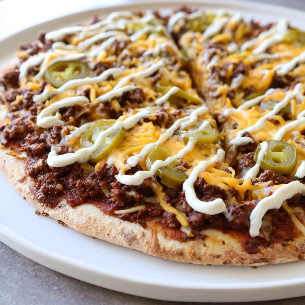 Freshly baked Ground Beef Taco Pizza, topped with a creamy sour cream drizzle and vibrant toppings.