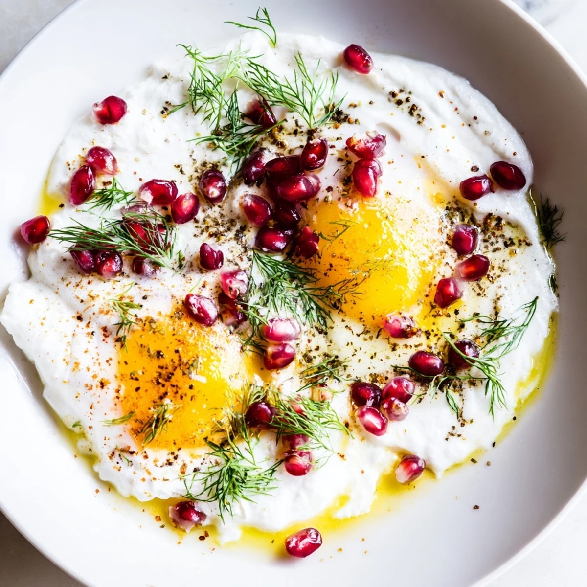 Çılbır with sumac and pomegranate: creamy yogurt topped with perfectly poached eggs and vibrant toppings.