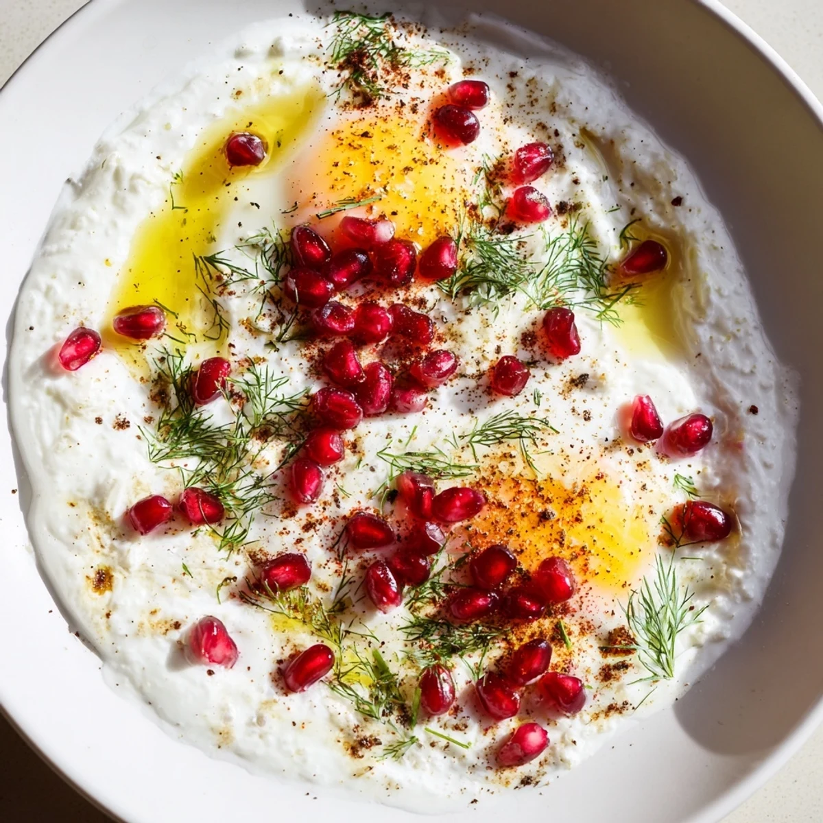 Enjoy the colorful Çılbır: creamy yogurt and poached eggs drizzled with sumac, served beautifully.