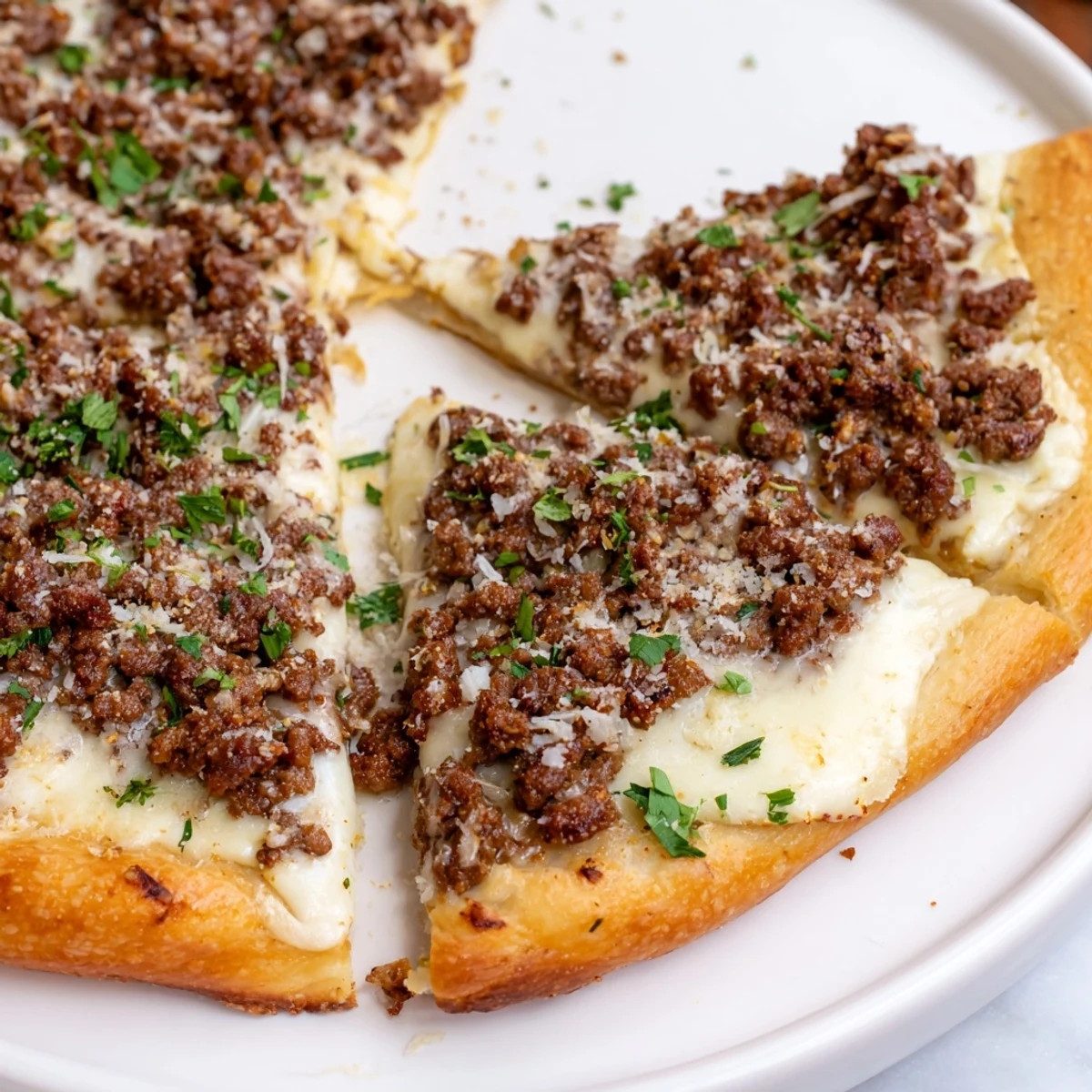 Ground Beef Alfredo Pizza boasts a bubbly cheese topping and a crispy golden crust, ready to serve.