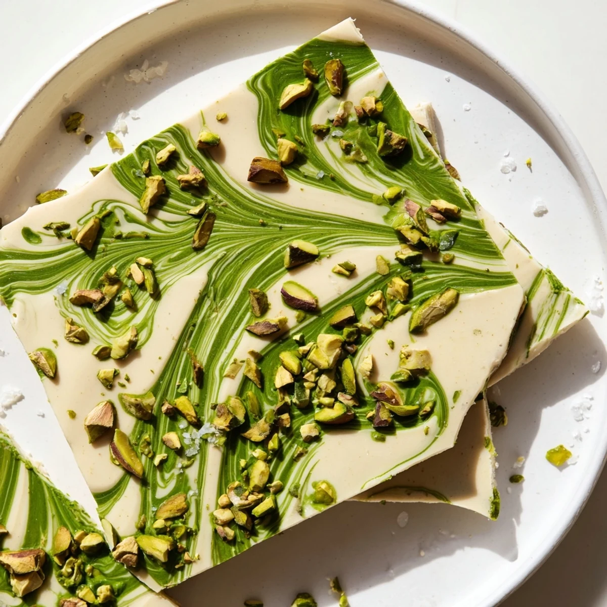 Creamy Pistachio Matcha White Chocolate bark, swirled with green matcha and topped with crunchy pistachios—a delightful dessert.
