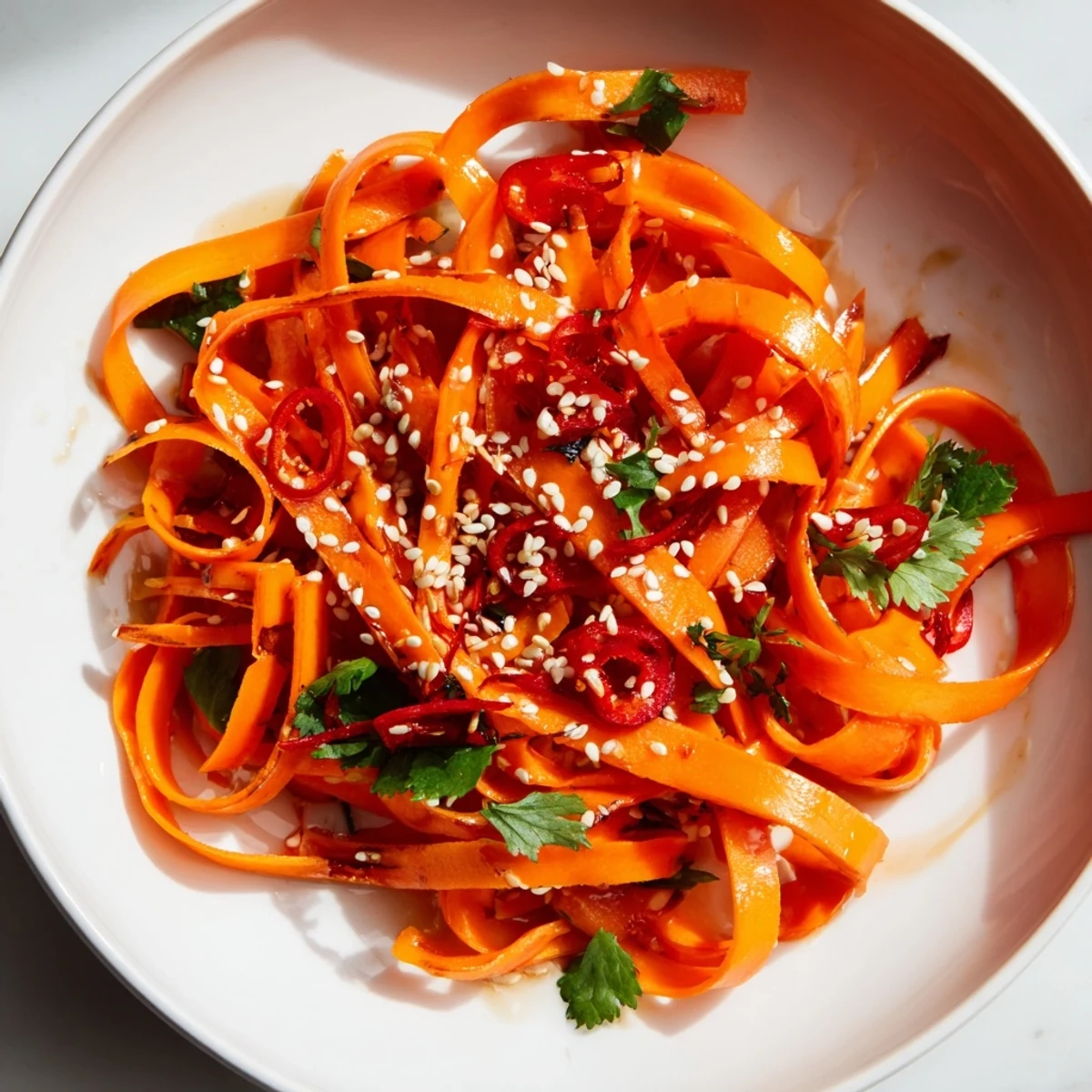 A close-up of Carrot Ribbon Salad Asian-Style in a white bowl, showcasing vibrant orange spirals tossed with fresh green onions and cilantro.  