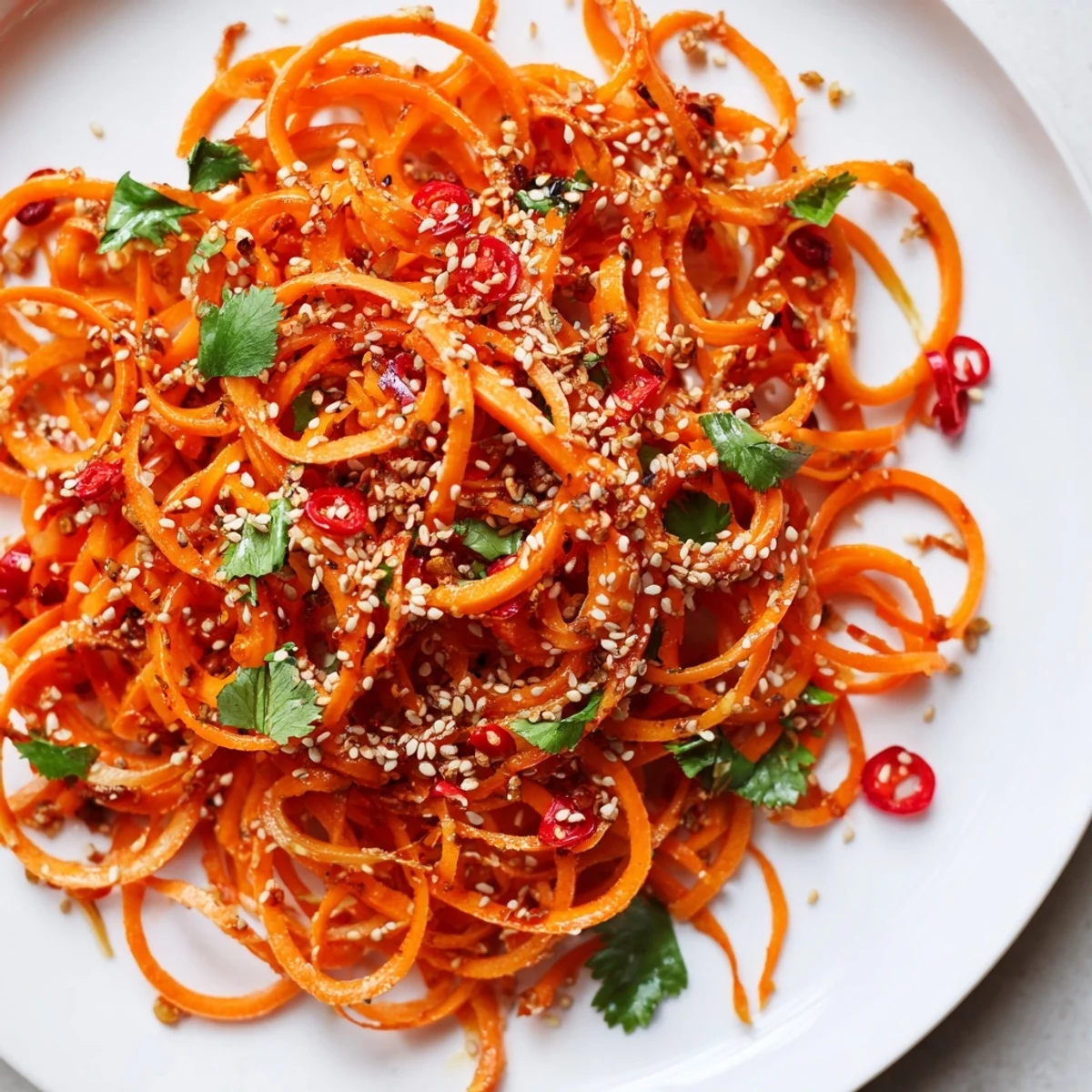 Glossy carrot ribbons glisten with savory soy-sesame dressing in this Carrot Ribbon Salad Asian-Style, topped with crunchy toasted sesame seeds.  