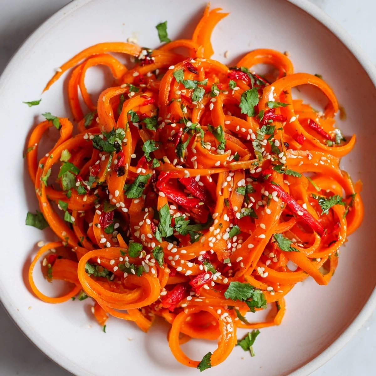 Serving suggestion for Carrot Ribbon Salad Asian-Style, presented on a wooden platter next to grilled tofu for a light vegan meal.