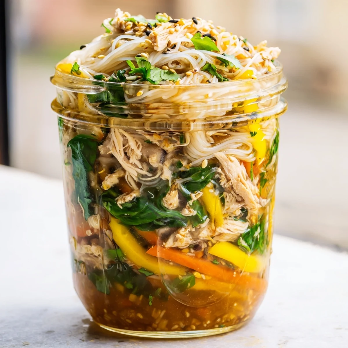 Freshly cooked ramen noodles layered with crisp bell peppers and shredded carrots in a clear mason jar, ready for a quick lunch.
