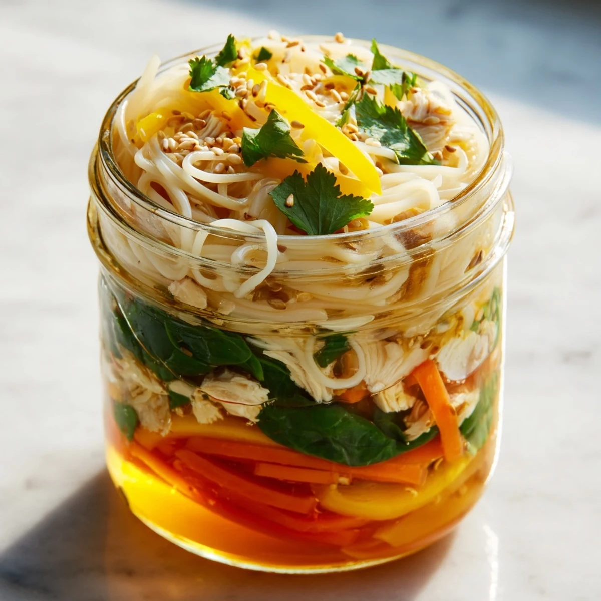 Colorful layers of chicken, tofu, fresh spinach, and savory sauce inside a glass jar for an easy on-the-go dinner.