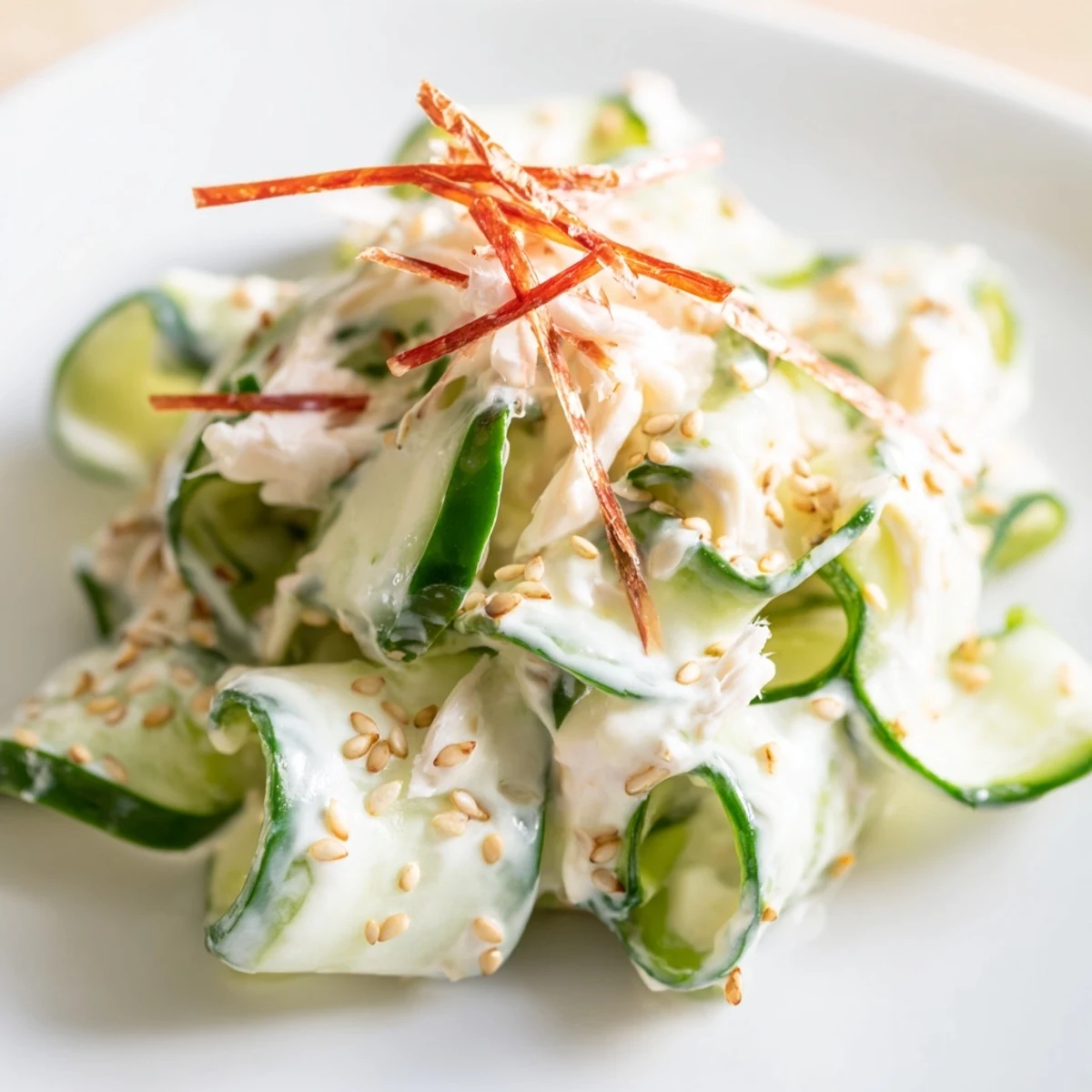 Fresh California Roll Cucumber Salad with creamy Kewpie mayo, sesame seeds, and shredded imitation crab piled high.