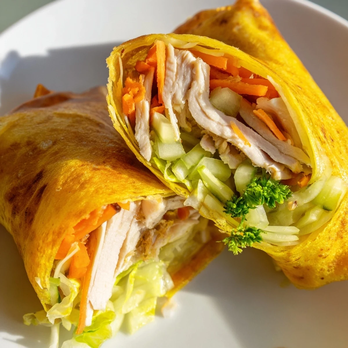 Golden-brown Garlicky Pulled Chicken Wraps sizzling in a skillet, filled with shredded chicken and fresh veggies.  