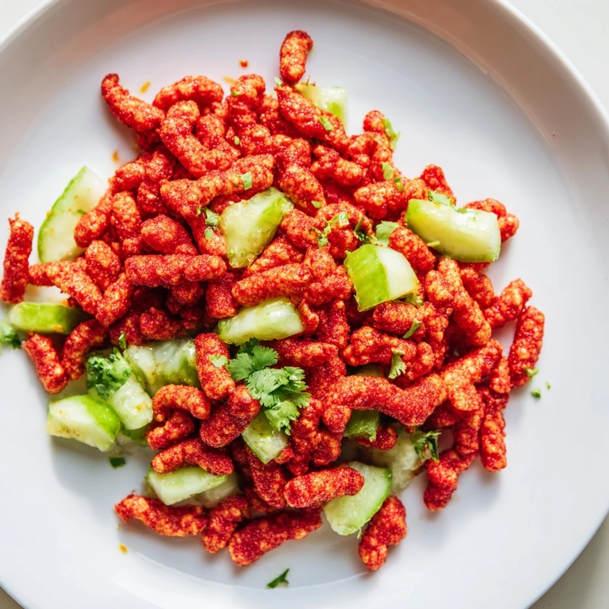 A vibrant bowl of Flamin Hot Cheeto Salad featuring crushed spicy chips tossed with crisp cucumber and fresh cilantro.  