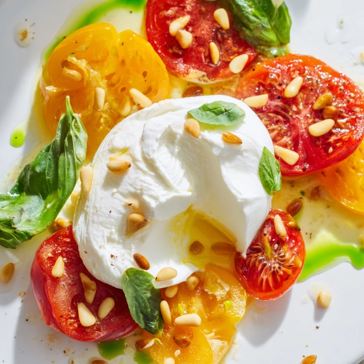 Juicy heirloom tomatoes and torn burrata topped with fragrant basil oil, flaky sea salt, and toasted pine nuts on a serving board.