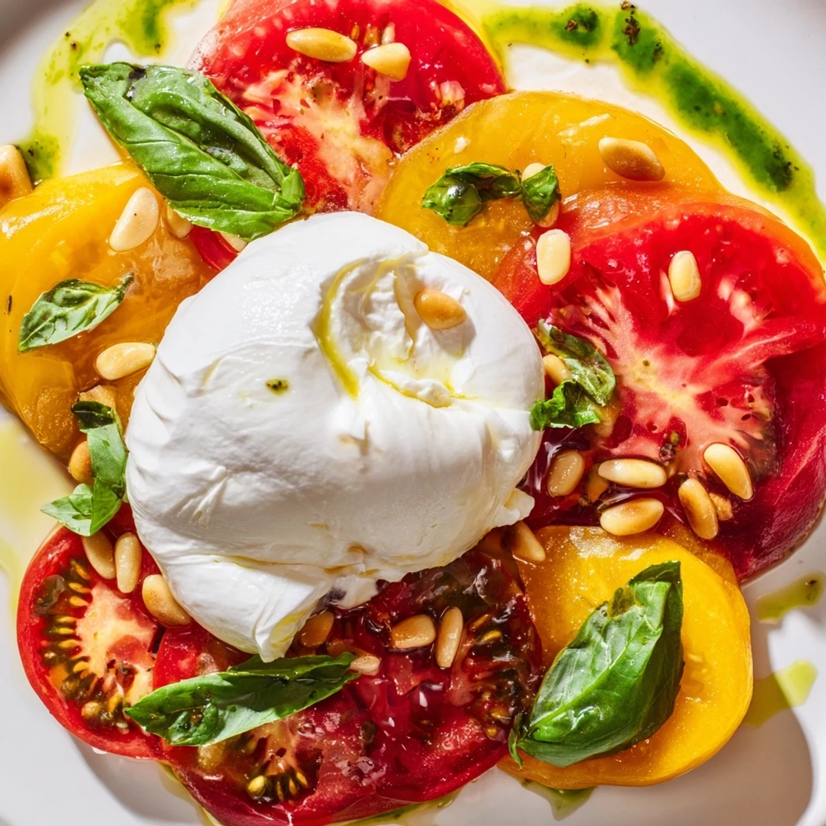 Colorful Heirloom Tomato Salad Board garnished with basil leaves, perfect for sharing with crusty bread at a summer Mediterranean-style appetizer spread.
