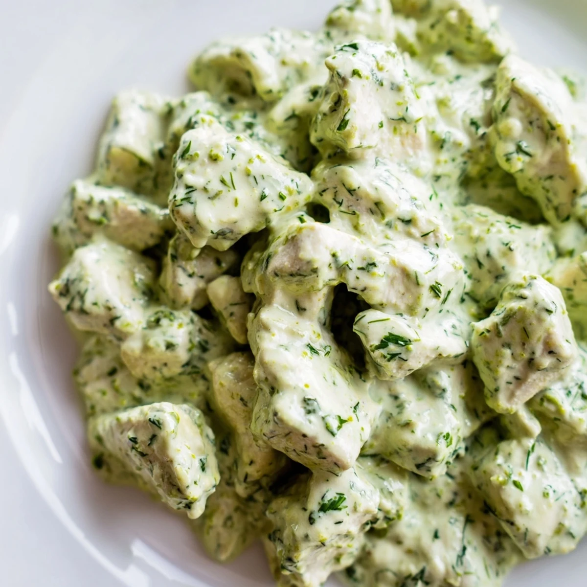 Tender chunks of Green Goddess Chicken Salad atop crisp mixed greens, garnished with cherry tomatoes and creamy avocado slices.