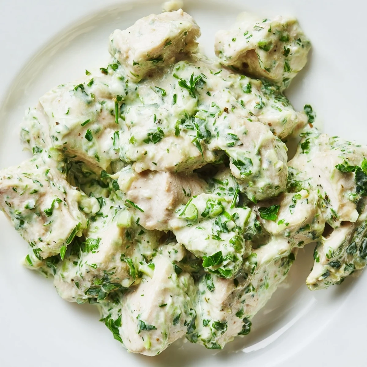 Juicy Green Goddess Chicken Salad nestled over vibrant greens, featuring halved cherry tomatoes and a drizzle of creamy dressing.