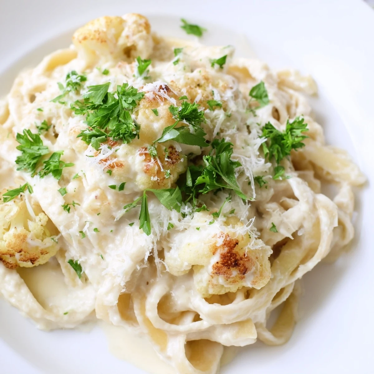 Tender roasted cauliflower and garlic blended into a velvety, Parmesan-infused Roasted Cauliflower Alfredo sauce coating fettuccine pasta.  