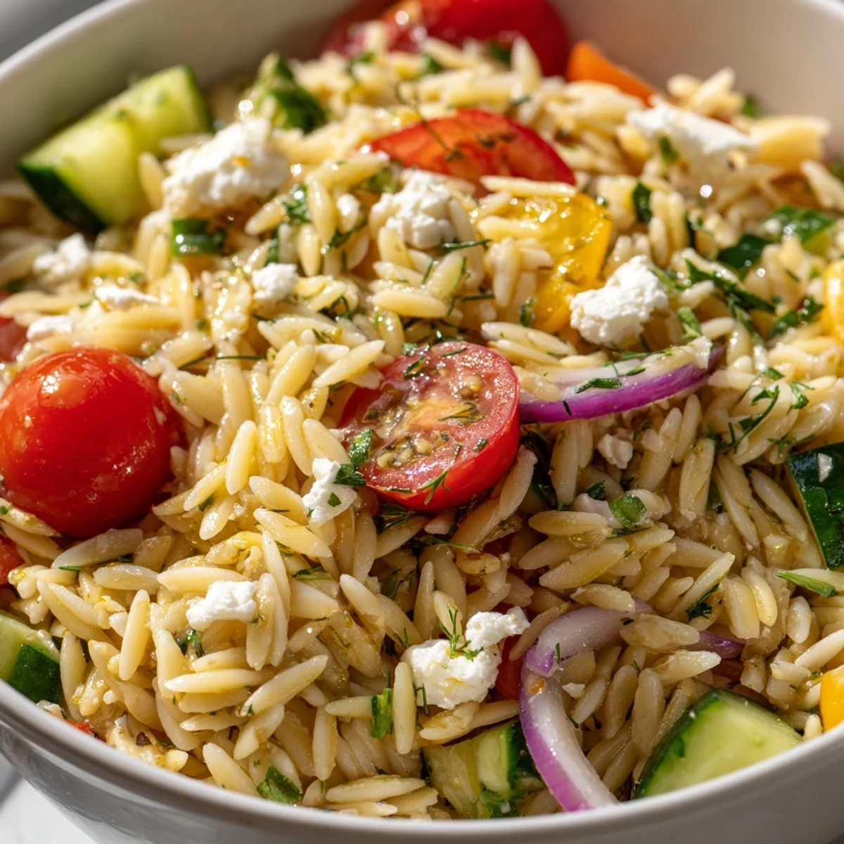 A close-up of Greek Orzo Salad with orzo pasta, diced cucumbers, cherry tomatoes, red onion, and crumbled feta, tossed in a lemony dressing.