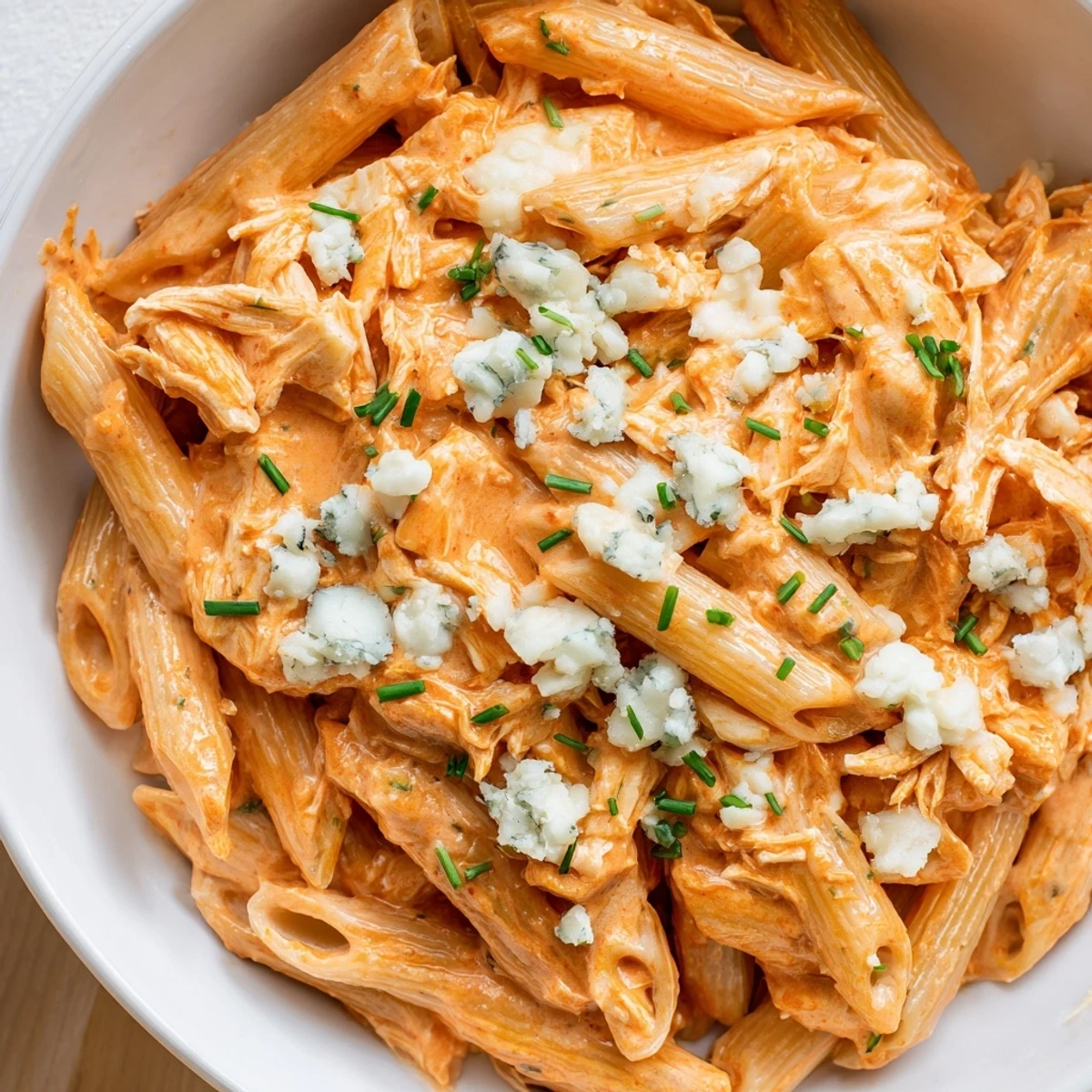 Savory Buffalo Chicken Pasta with shredded chicken, creamy mozzarella sauce, and a tangy blue cheese topping served in a bowl.  
