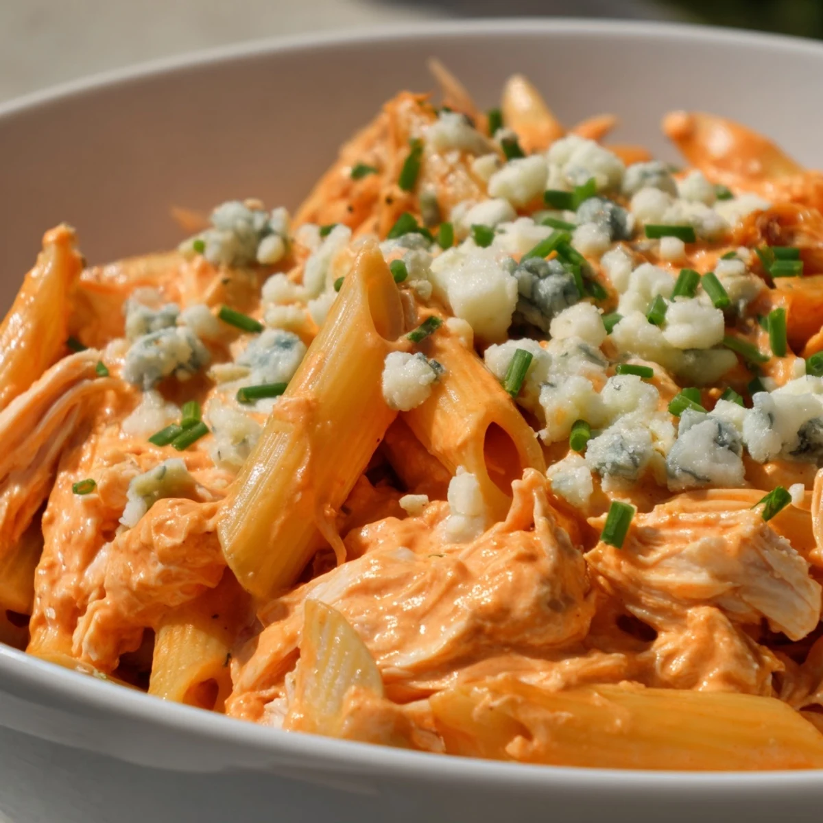 Hearty Buffalo Chicken Pasta featuring tender shredded chicken, melted mozzarella, and buffalo wing sauce for a spicy, comforting meal.