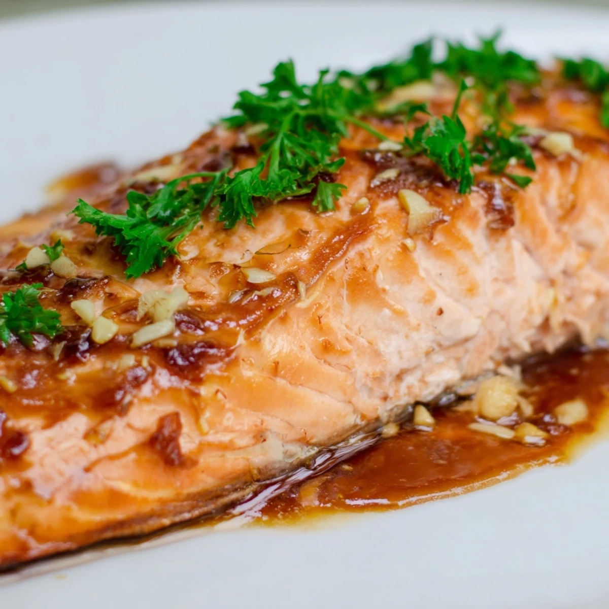 Glistening Honey Garlic Glazed Salmon fillets, roasted with caramelized edges and fresh parsley garnish.