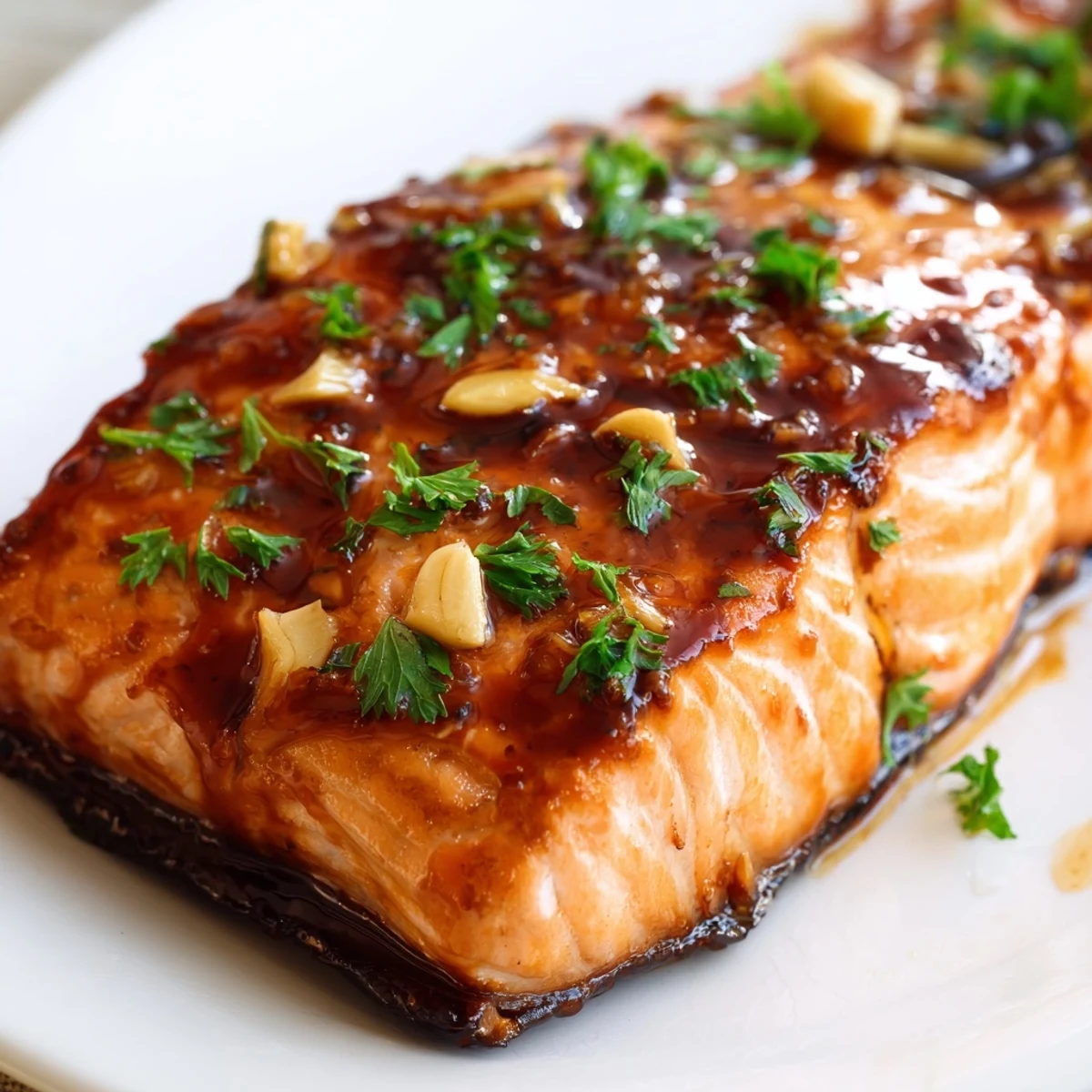 Succulent Honey Garlic Glazed Salmon on a baking tray, brushed with a sweet buttery glaze.