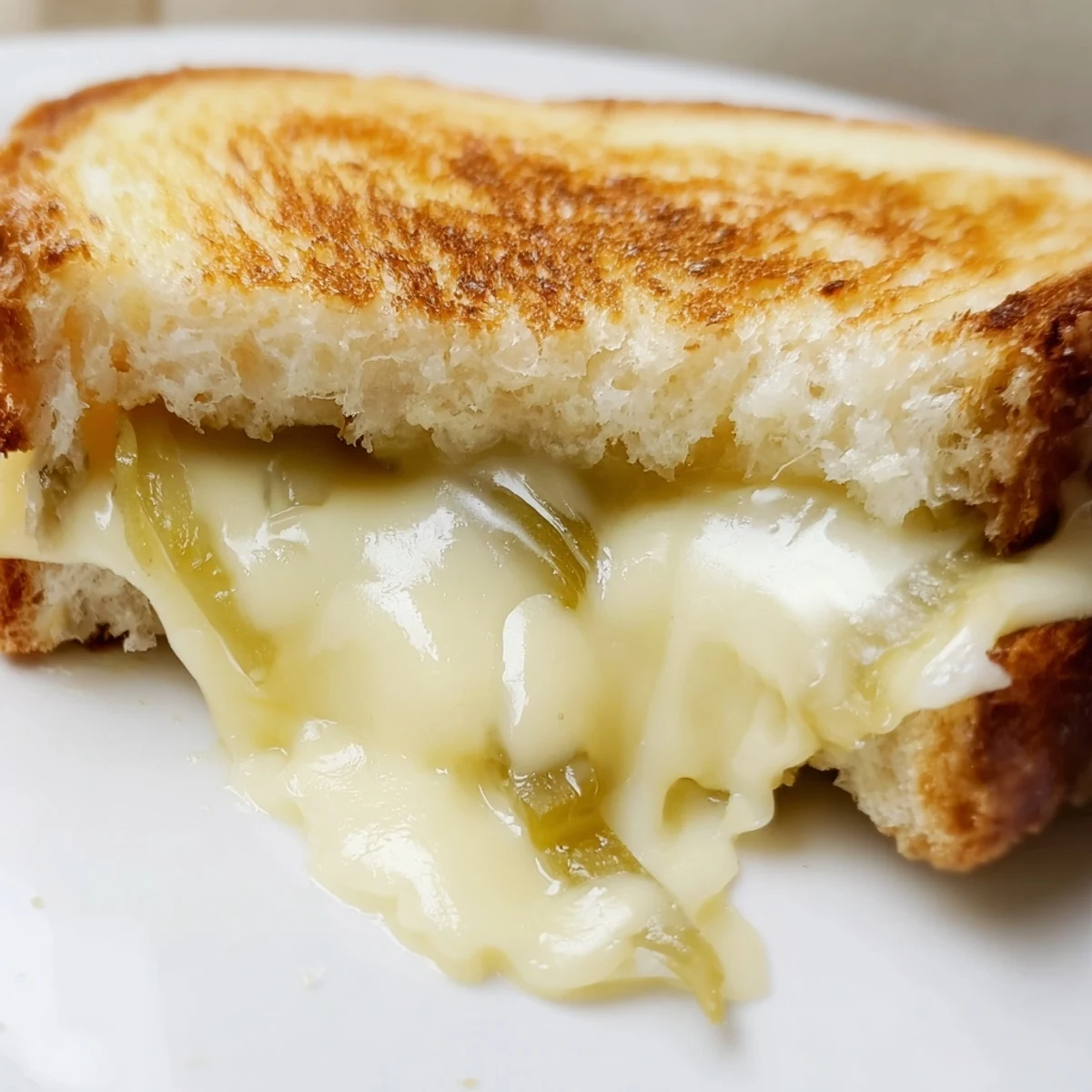 Golden-brown Cheddar Jalapeño Grilled Cheese oozes melted cheese and tangy pickled jalapeños between buttery bread slices, ready to serve.