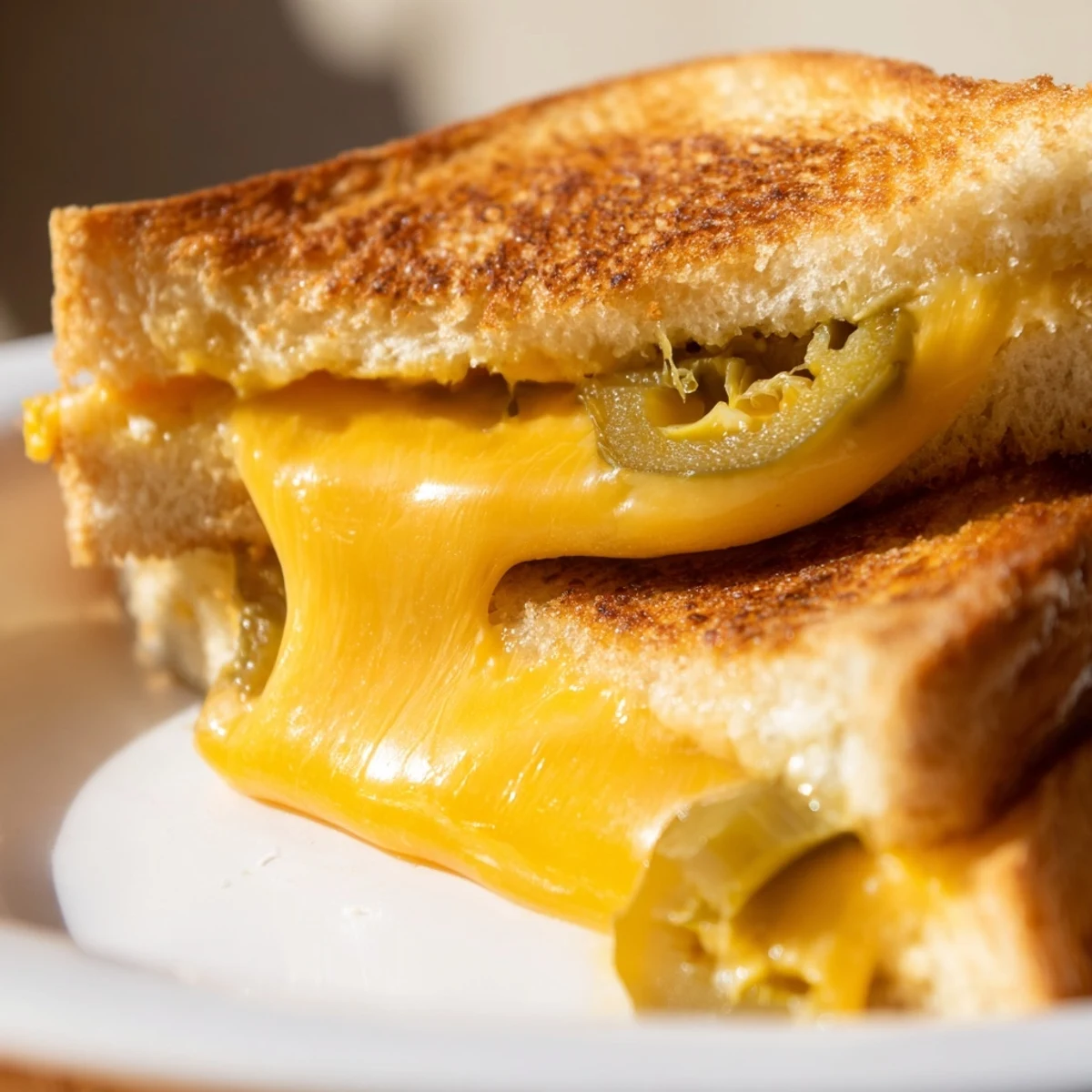 Perfectly grilled Cheddar Jalapeño Grilled Cheese sliced in half, revealing a colorful layer of sharp cheddar and bright jalapeño peppers.