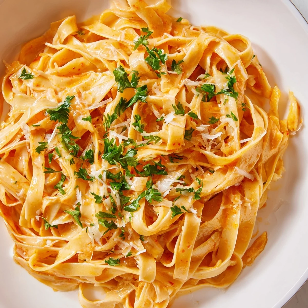 Glossy strands of fettuccine in a creamy orange sriracha honey pasta sauce, topped with fresh parsley and parmesan.  