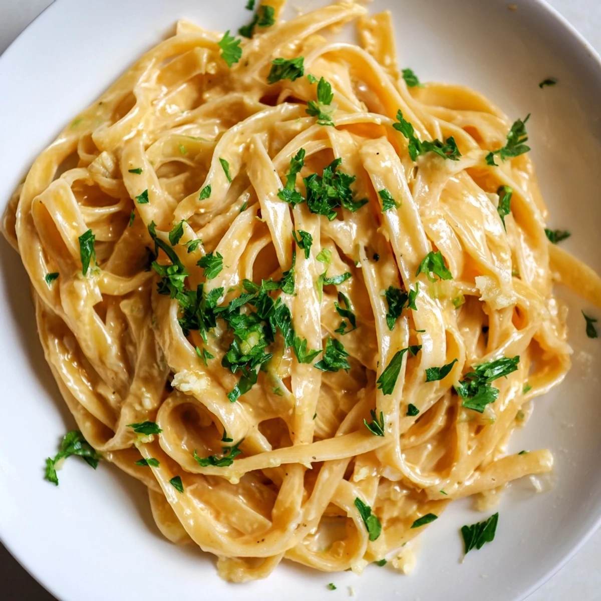 A close-up of steaming Sriracha Honey Pasta twirled on a fork, highlighting the rich garlic butter sauce.  